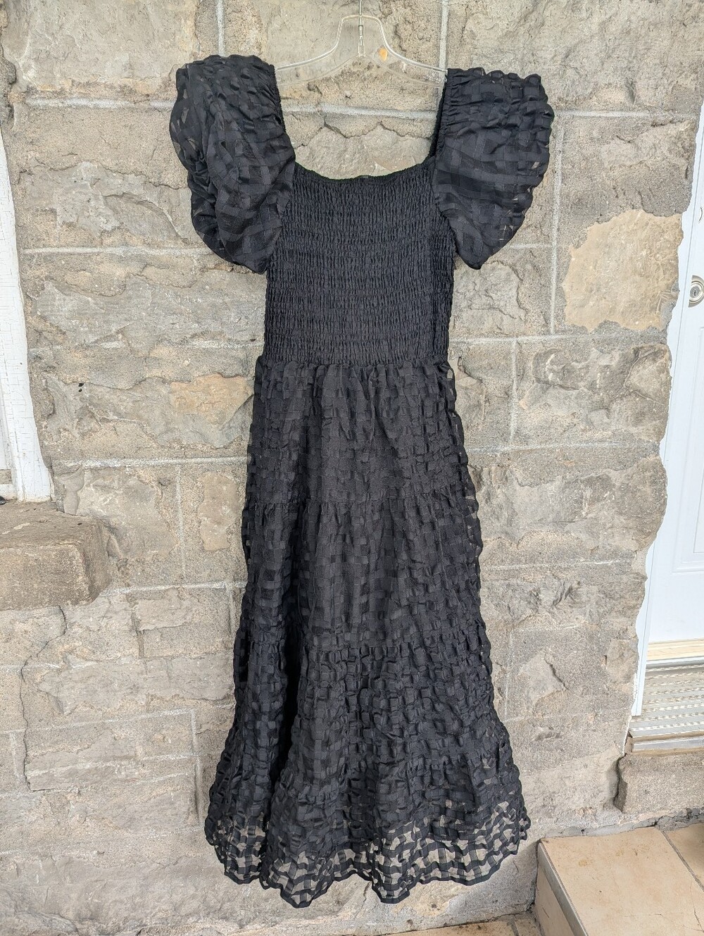 Black Puff-Sleeve Textured Midi Dress Smocking Bodice